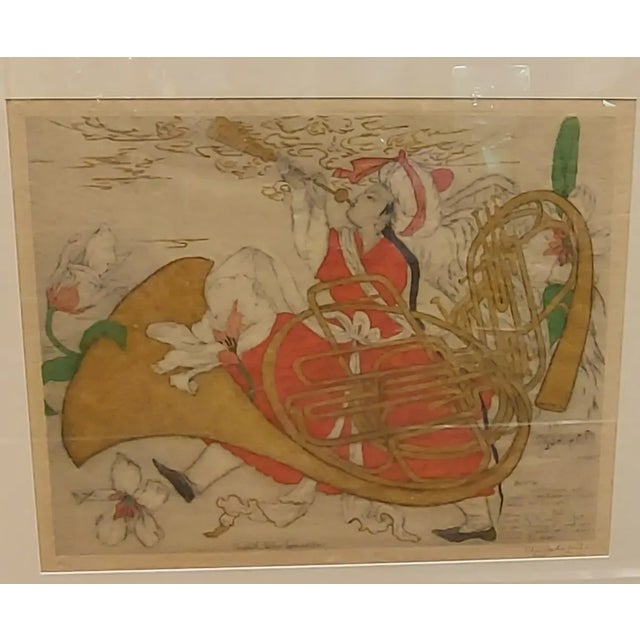 Gray 1950s Elyse Ashe Lord English Valve Horn #31/75 Colored Drypoint Wood Etching For Sale - Image 8 of 10