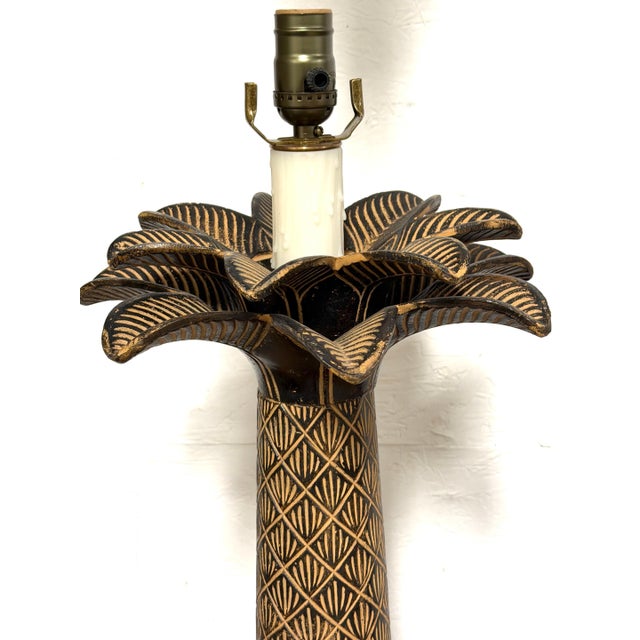 Wood Late 20th Century Pair of British Colonial Style Bronze Palm Tree Lamps with Carved Tribal Motifs For Sale - Image 7 of 12