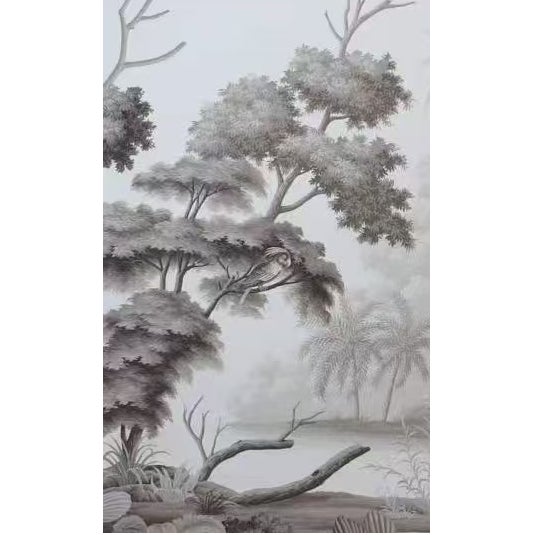 Paper 36" * H108" *6ps, Hand-Painted Retro Grey Tone Palm Rainforest Wall Mural, Low-Saturation Misty Tropical Plant Wall Covering For Sale - Image 7 of 9