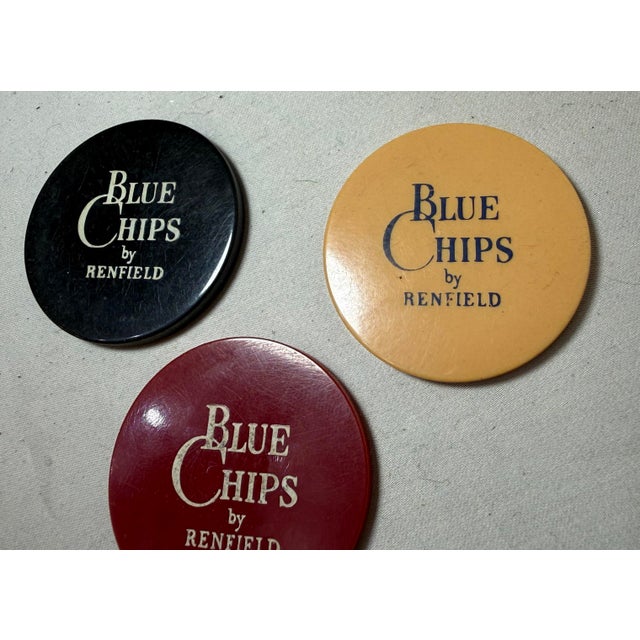 Plastic Vintage Blue Chips Renfield Bakelite Gambling Gaming Poker Chip Playing Card Set For Sale - Image 7 of 9