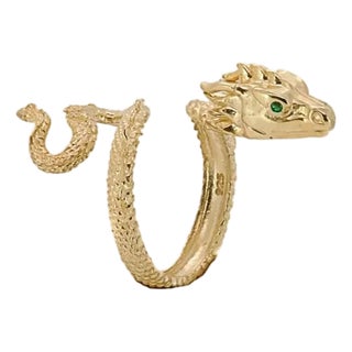Emerald Eyed Rebirth Gold Snake Design Ring, Size 5 For Sale