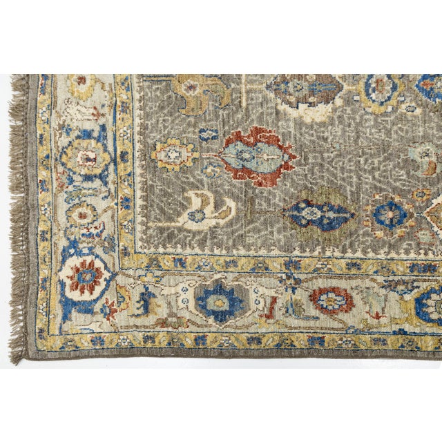 Modern Oushak Style Hand-Knotted Wool Area Rug in Taupe Grey With Vibrant Floral For Sale - Image 11 of 12