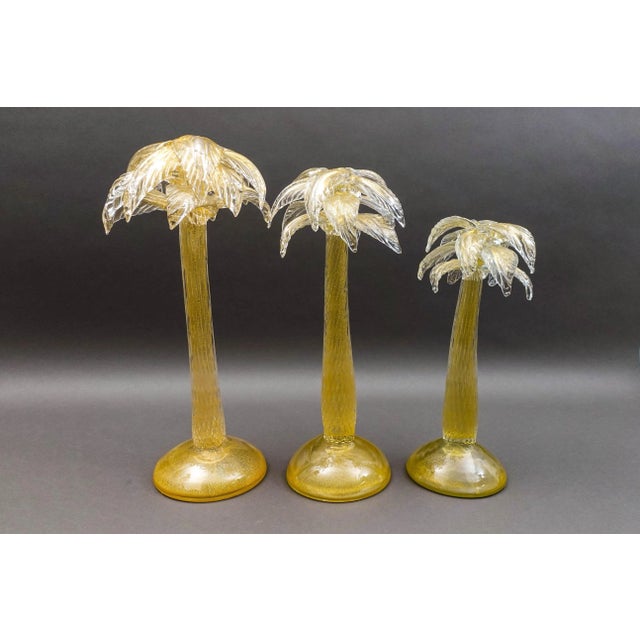 Mid 20th Century Mid 20th Century Signed Murano Italy Gold Fleck Glass Palm Tree Candlestick Candleholders- Set of 3 For Sale - Image 5 of 9