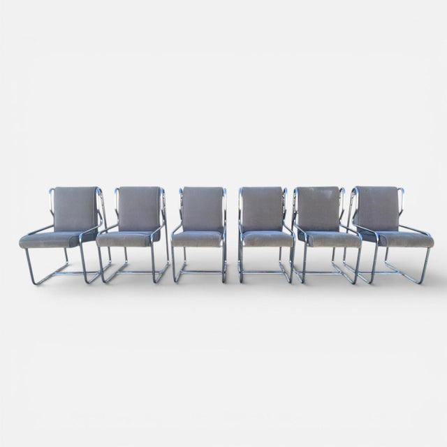 Set of Six 1980s Chrome Cantilever Dining Chairs in Gray Velvet For Sale - Image 13 of 13