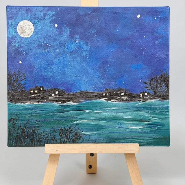 Add a touch of serenity to your space with this captivating acrylic painting. Featuring a luminous supermoon over a...