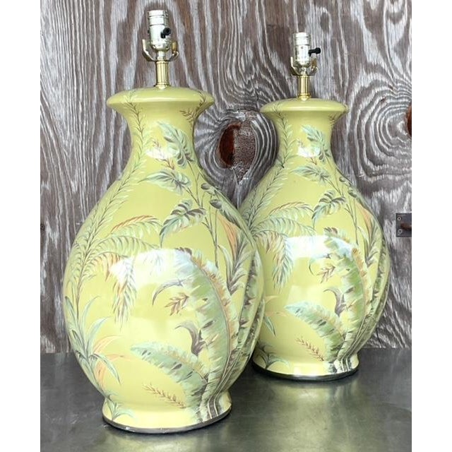 Late 20th Century Vintage Coastal Banana Leaf Glazed Ceramic Lamps - a Pair For Sale - Image 5 of 6