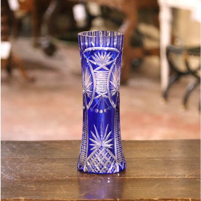 Mid-Century Czech Cobalt Cut-to-Clear Crystal Vase For Sale - Image 4 of 9
