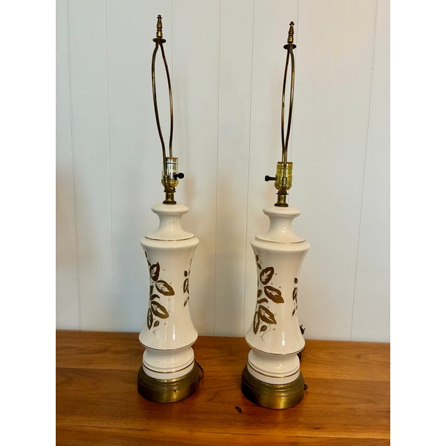 Mid 20th Century Mid Century Modern Gilded Leaf Motif Ceramic Lamps - a Pair For Sale - Image 9 of 9
