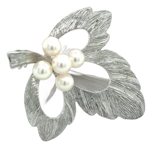 1990s Mikimoto Estate Akoya Pearl Brooch Pin Sterling Silver