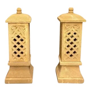 Pair of Monumental Cast Stone Pagoda Garden Lanterns For Sale