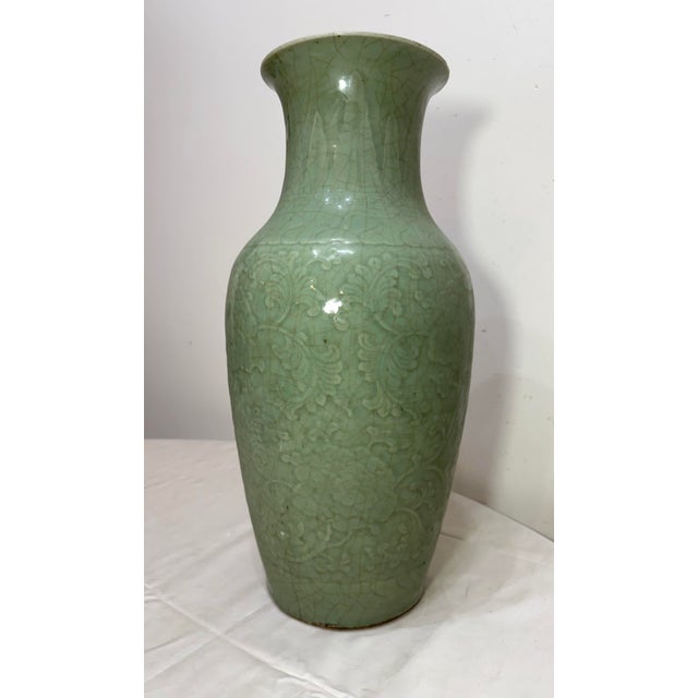 Chinese Huge Antique 19th Century Qing Dynasty Chinese Relief Green Celadon Pottery Vase For Sale - Image 3 of 11