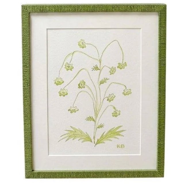 Bespoke green botanical paintings, original graphite + gouache botanicals. Custom lime green frame. Artist Katie Binkley...