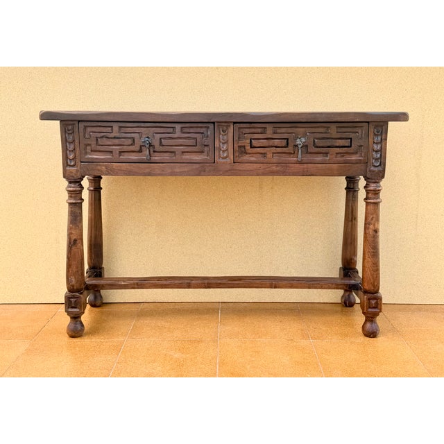 Spanish Walnut Console Table with Geometric Carved Drawers, 1920s For Sale - Image 6 of 17