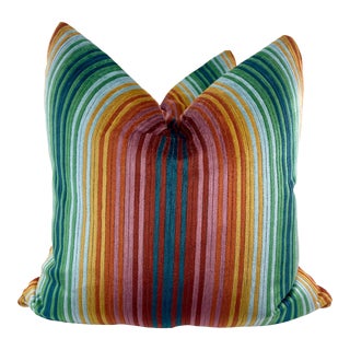 Velvet Stripe in Multi 22" Pillows-A Pair For Sale