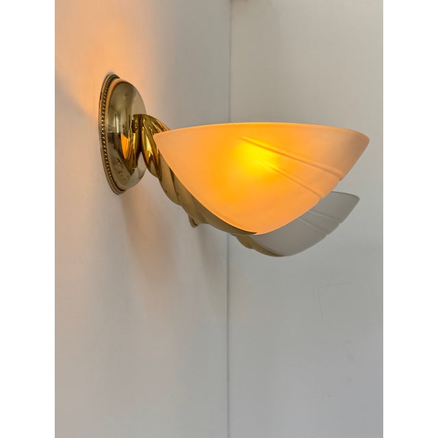 Vintage Brass and Frosted Glass Wall Lights, Italy, 1970s, Set of 2 For Sale - Image 3 of 7