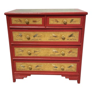 Vintage "Hardy & Co Trout Flies” Fishing Tackle Themed 5-Drawer Accent Chest For Sale