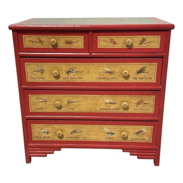 Vintage "Hardy & Co Trout Flies” Fishing Tackle Themed 5-Drawer Accent Chest For Sale