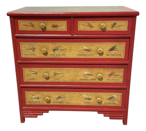 Vintage "Hardy & Co Trout Flies” Fishing Tackle Themed 5-Drawer Accent Chest