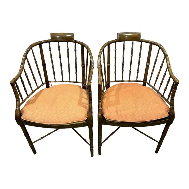 1970’s Baker Furniture Regency Faux Bamboo Wood Chairs Pair For Sale