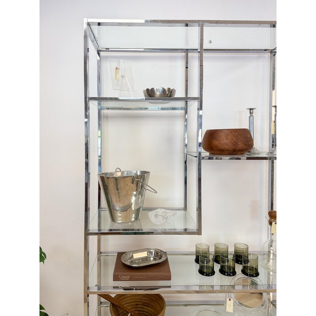 Metal Rare Milo Baughman Style Chrome Glass Etagere Display Shelf Vintage MCM Shelving For Sale - Image 7 of 12