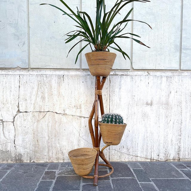 Elegant, well-crafted 1950s bamboo planter. It features three rattan planters, with a total height of 1 meter. In keeping...