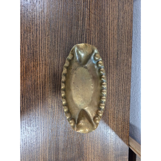 Mid-Century Modern Vintage German Handarbeit Brass Oval Dish, Hammered Mid-Century Trinket Tray With Beaded Edge For Sale - Image 3 of 5