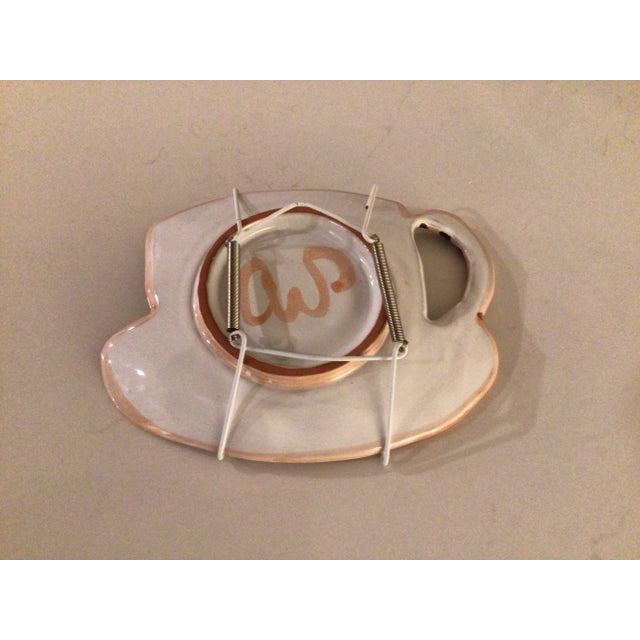 Light Pink Set of 3 Whimsical Pastel Hand-Painted & Signed Ceramic Decorative Tea Cups and Saucers With Wall Brackets, 1990s For Sale - Image 8 of 9