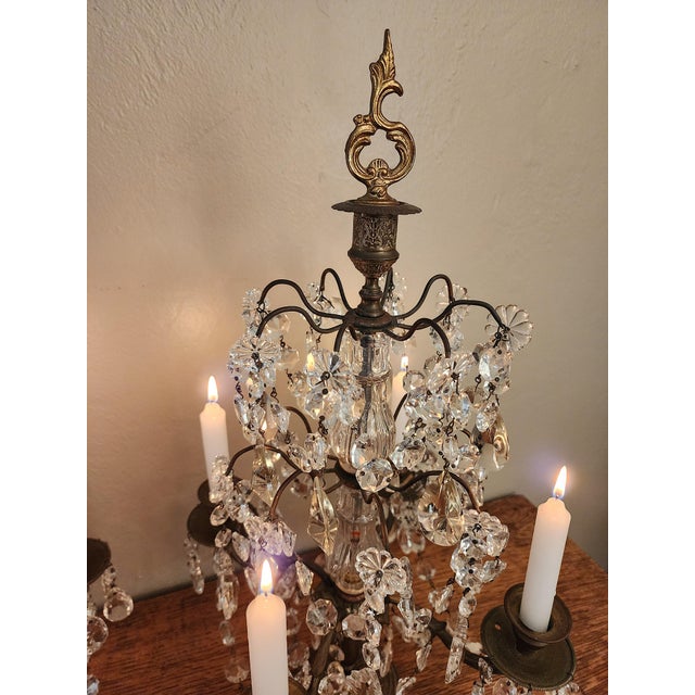 Metal Exquisite Pair of Vintage Crystal Girandole Candelabra 5 Light Mantel Garnitures For Sale - Image 7 of 18