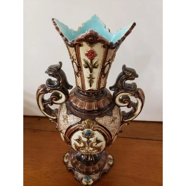 Circa 1900 Bohemian Renaissance Revival Majolica Gryphon Handled Footed Vase For Sale In New Orleans - Image 6 of 8