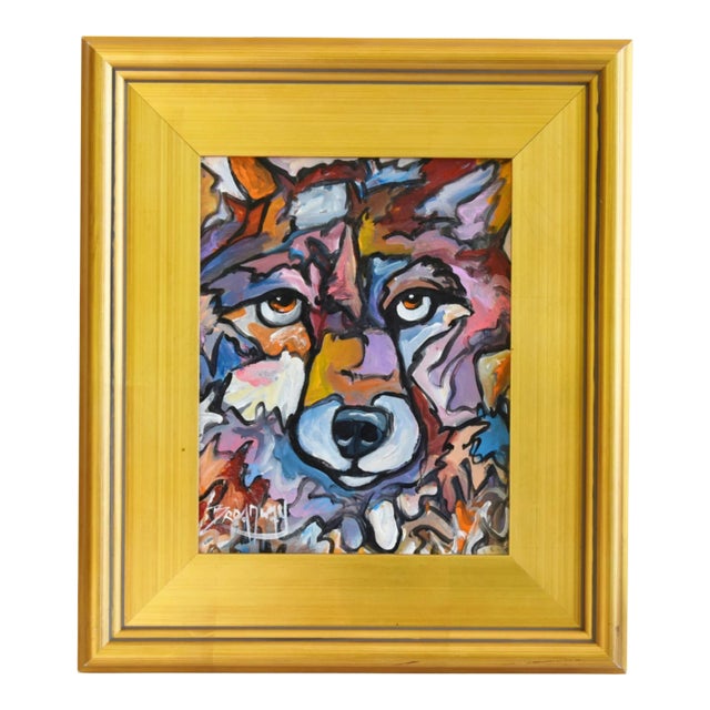 Expressionist Wolf Portrait Painting Including the Antiqued Gold Wood Frame For Sale