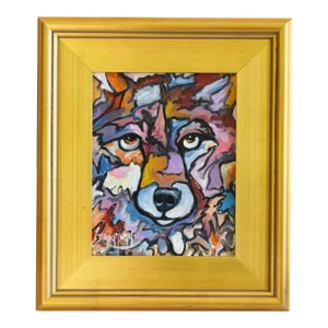 Expressionist Wolf Portrait Painting Including the Antiqued Gold Wood Frame