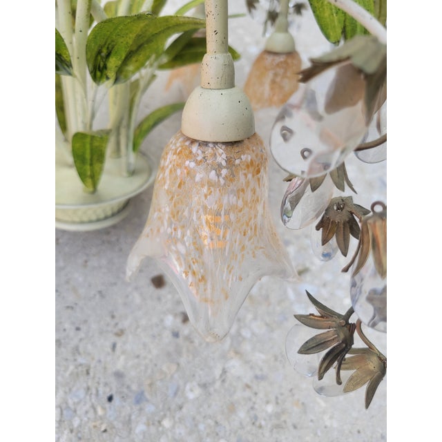 Hollywood Regency Tole 6 Light Palm Leaf Crystal Chandelier For Sale - Image 10 of 11
