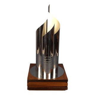 Modernist Chromed Metal & Wood Table Lamp by Goffredo Reggiani, 1970s For Sale