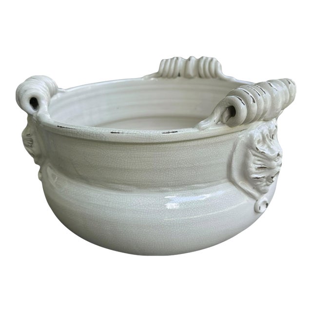 Vintage Italian Majolica Cachepot Planter by Torlivia & Todaro for Fortunata, Lion Mascaron Handles, Scrolled Ceramic Bowl For Sale
