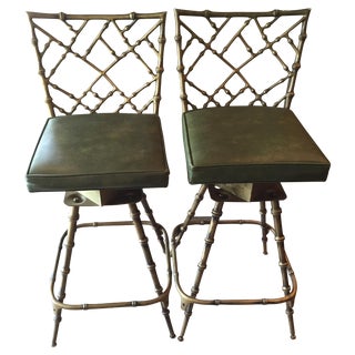 Chinoiserie Metal Bamboo Bar Stools - A Pair For Sale