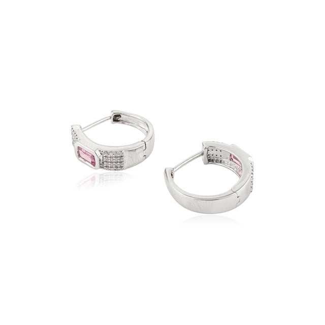 Metal Chunky 14k White Gold Pink Sapphire & Diamond Statement Hoop Earrings- 2 Pieces For Sale - Image 7 of 11