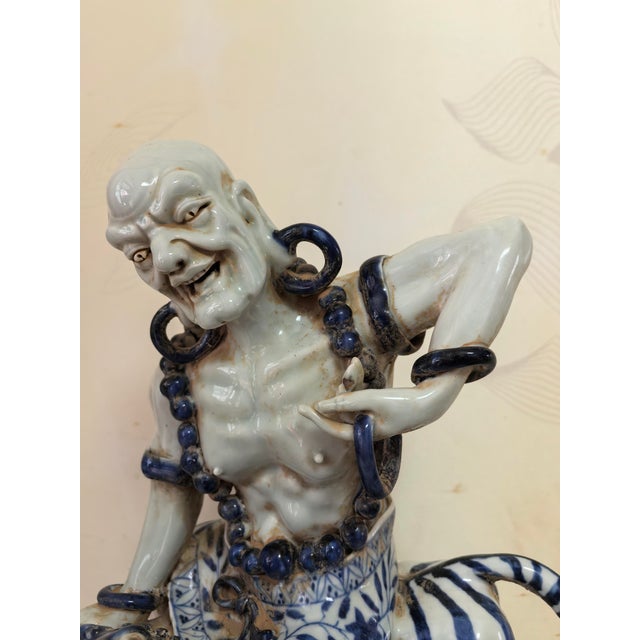 Early 20th Century Chinese Vintage Ceramic Buddhist Sculpture,Hand Carved Blue and White Porcelain the Eighteen Arhats Statue For Sale - Image 5 of 9