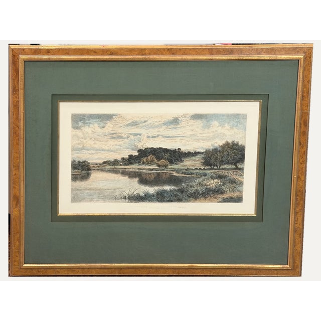 Antique 1907 colored etching titled “The Wooded Banks of the Thames,” after a landscape by celebrated British painter...