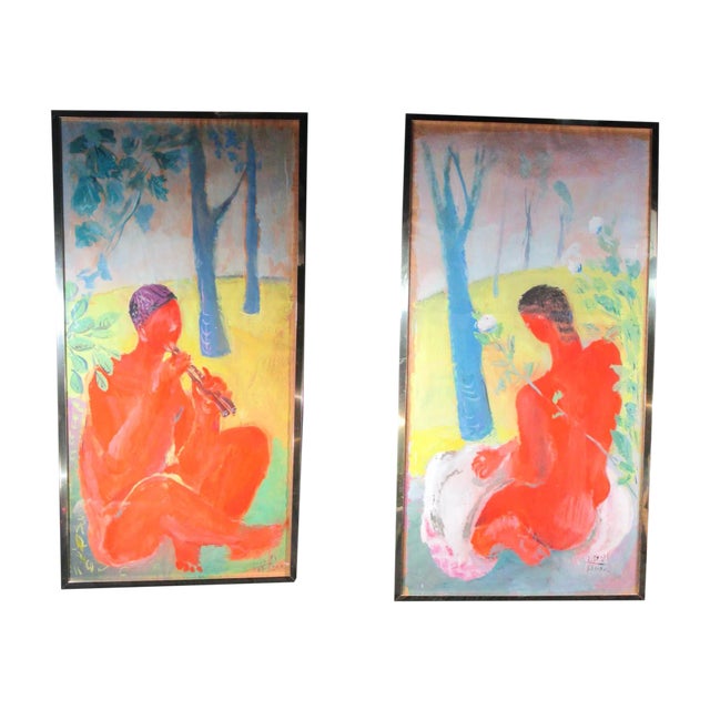1981 Fauvist Style Figurative Male Nude Watercolor Paintings, Framed - a Pair For Sale