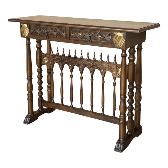Mid 20th Century Castilian Mid-Century Console in Walnut with Two Front Drawers in Gold Leaf For Sale
