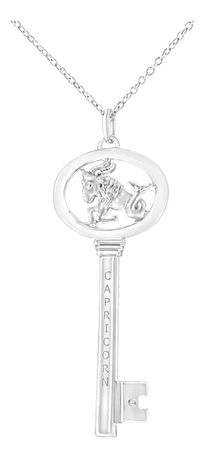 .925 Sterling Silver Diamond Accent Capricorn Zodiac Key 18" Pendant Necklace