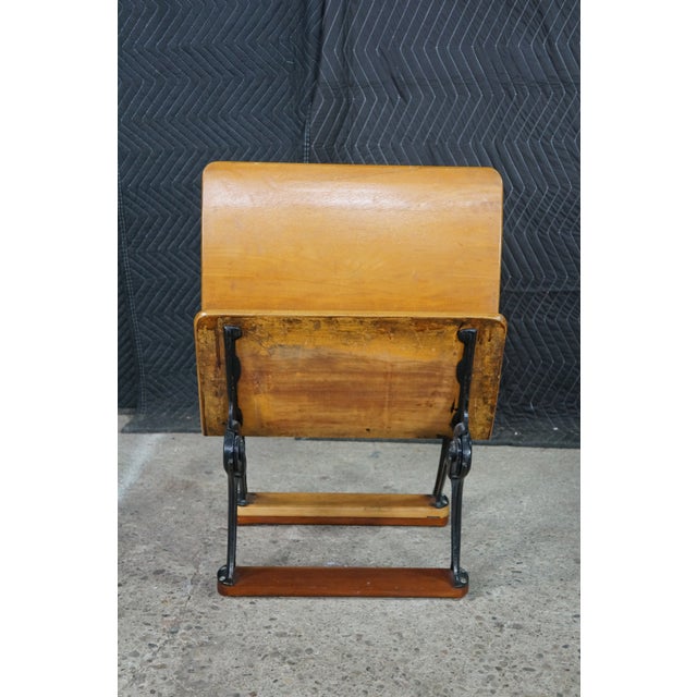 Antique American Solid Maple Classroom School Desk Cast Iron Flip-Up Chair Combo For Sale - Image 11 of 18