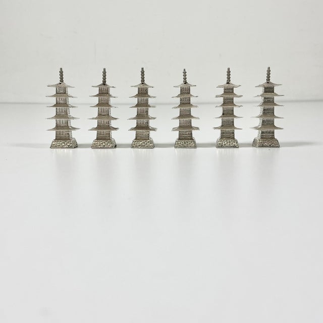 Chinoiserie 1950s Vintage Chinoiserie Chippendale Hollywood Regency Sterling Silver Pagoda Pepper Shakers - Set of 6 For Sale - Image 3 of 11