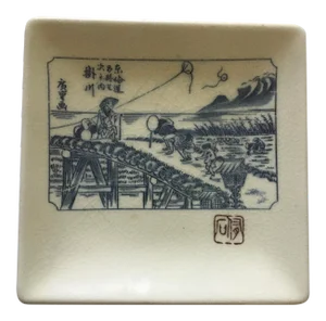 Vintage Early 20th Century Japanese Square Trasferware Porcelain Dish, Scene After Hiroshige
