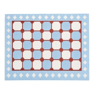 Handwoven Cotton Area Rug, Sky Blue and Terracotta Red Tile Swedish Dhurrie - 6'x9' For Sale