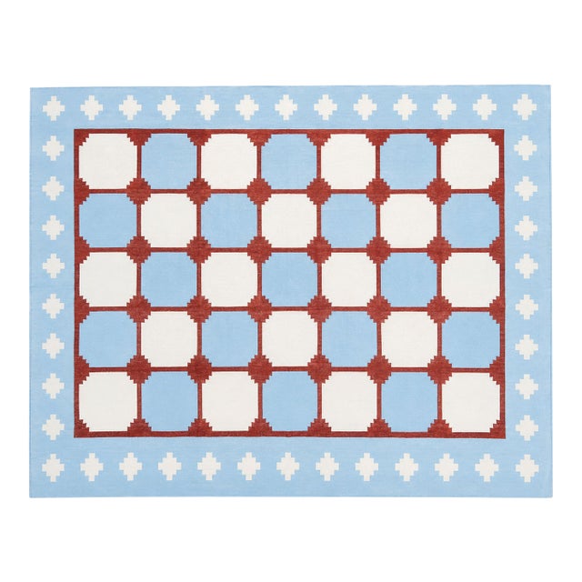 Handwoven Cotton Area Rug, Sky Blue and Terracotta Red Tile Swedish Dhurrie - 6'x9' For Sale