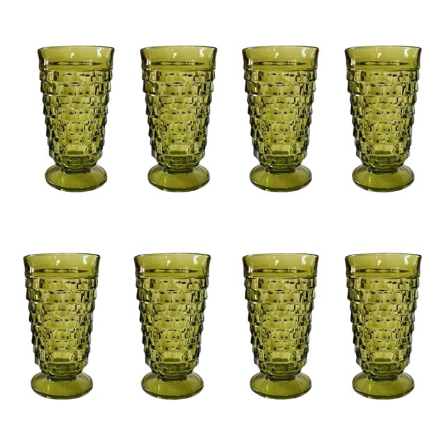 Mid Century Modern Green Faceted Indiana Glass Drinking Glasses Set