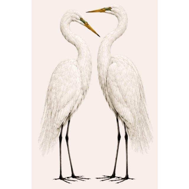 This original bird art print features a graceful pair of white cranes rendered in soft neutral tones against a warm ivory...