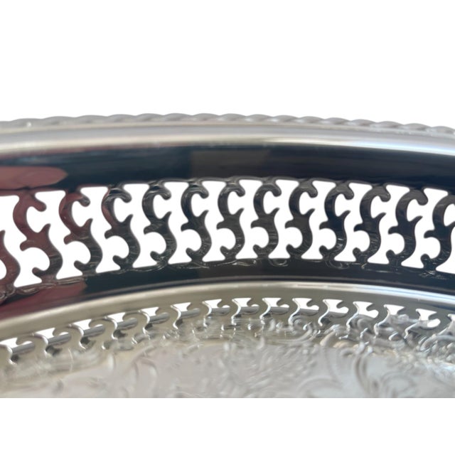Silver Large Vintage Rogers Etched Silver Plate Footed Pierced Gallery Serving Tray For Sale - Image 8 of 9