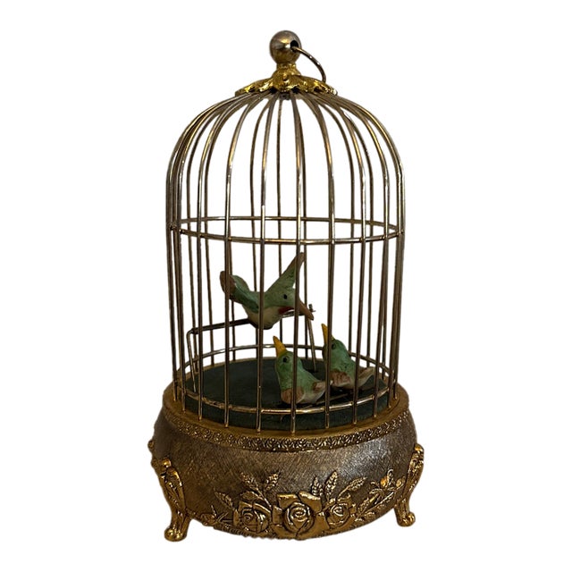 Vintage 1940s Brass and Ceramic Musical Bird Automaton by Westland Co. For Sale